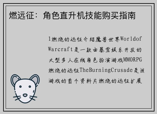 燃远征：角色直升机技能购买指南